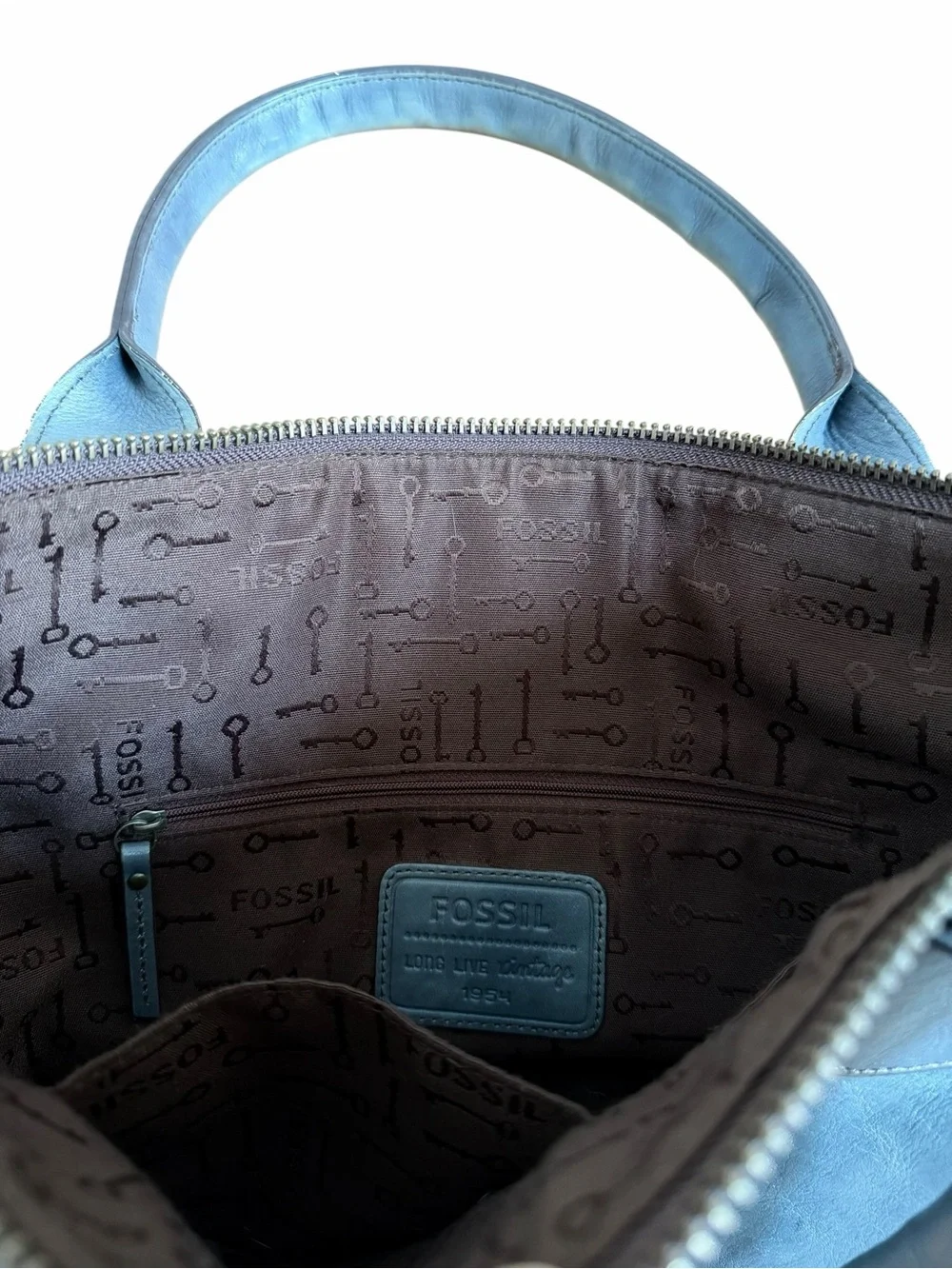 Fossil Long Live Vintage 1954 Maddox Marlowe Satchel Tote Blue Gray Leather Bag